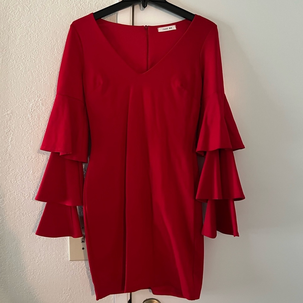 Just Me Red V-Neck Dress with Tiered Bell Sleeves